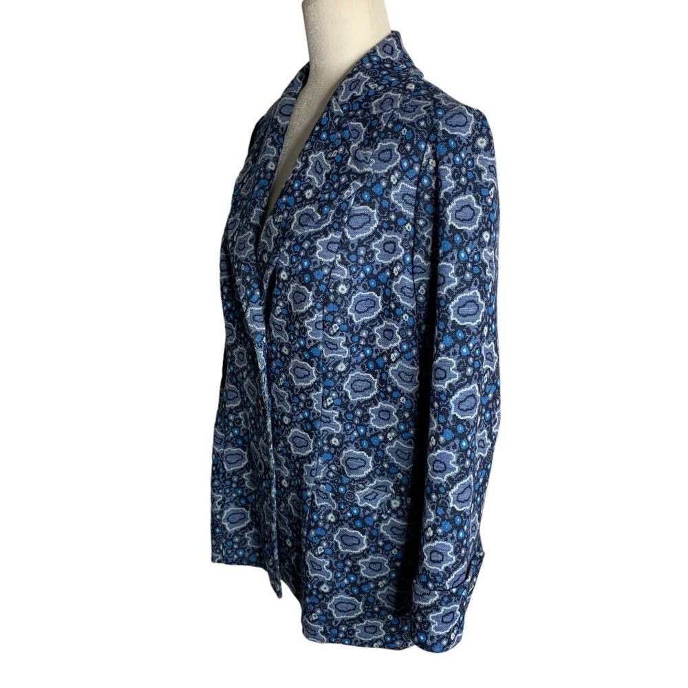 Vintage 70s Heavy Knit Blazer Jacket M Blue Floral Lined Pockets Buttons - Picture 4 of 6